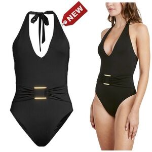 BCBGMAXAZRIA Black Women's Standard Deep Plunge Halter One Piece Swimsuit 16 NWT